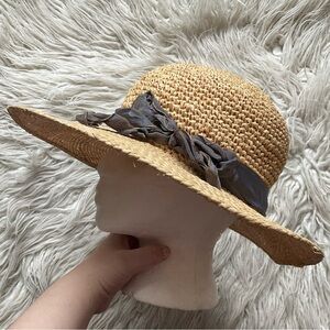 Louise Green Tan Straw Woven Ribbon Accent Prairie Sun Hat One Size